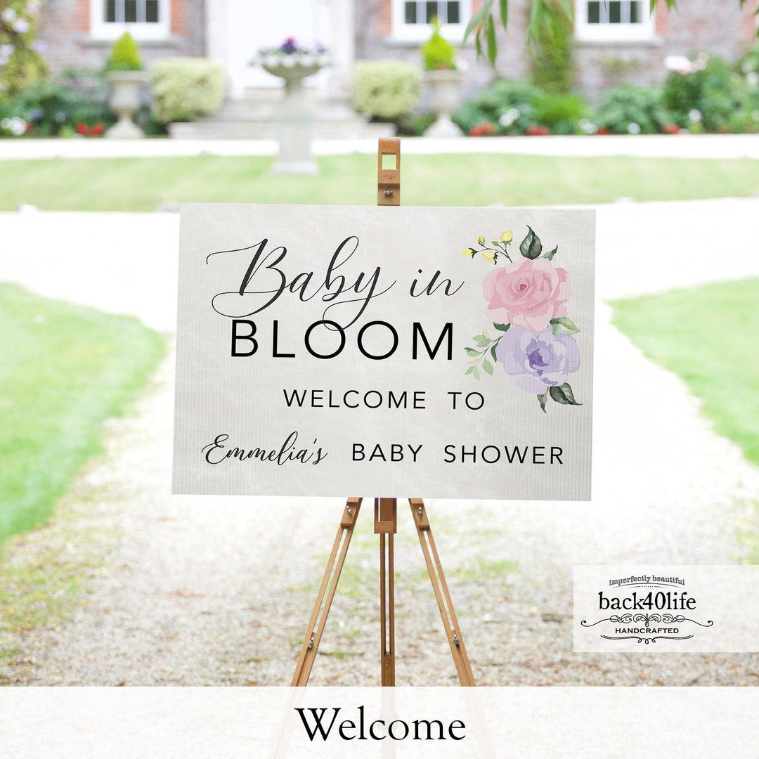 Baby Shower Sign - Baby in Bloom Pastel Flowers - Welcome Directional Parking Event (K-091q)