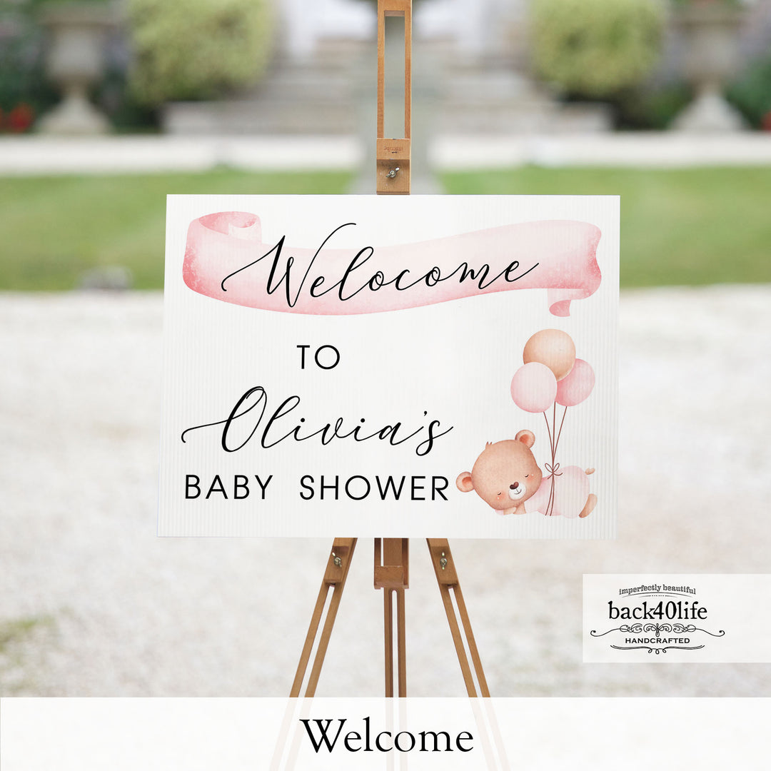 Baby Shower Sign - Pink Baby Bear - Welcome Directional Parking Event (K-091k)