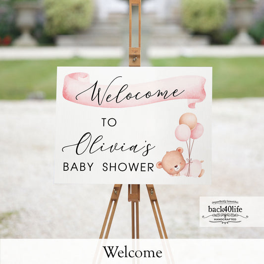 Baby Shower Sign - Pink Baby Bear - Welcome Directional Parking Event (K-091k)