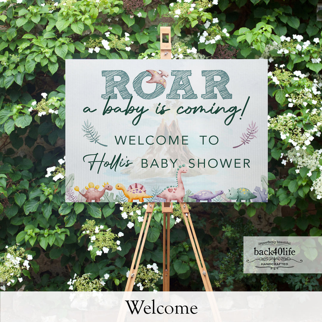 Baby Shower Sign - Roar a Baby is Coming Baby Dino Dinosaur - Welcome Directional Parking Event (K-091r)