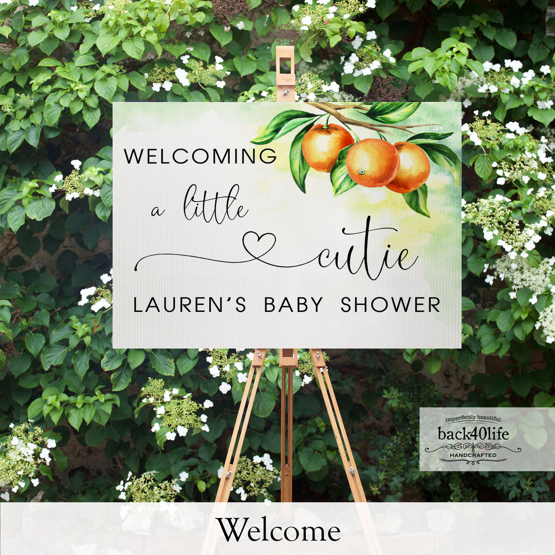 Baby Shower Sign - Little Cutie Orange - Welcome Directional Parking Event (K-091o)