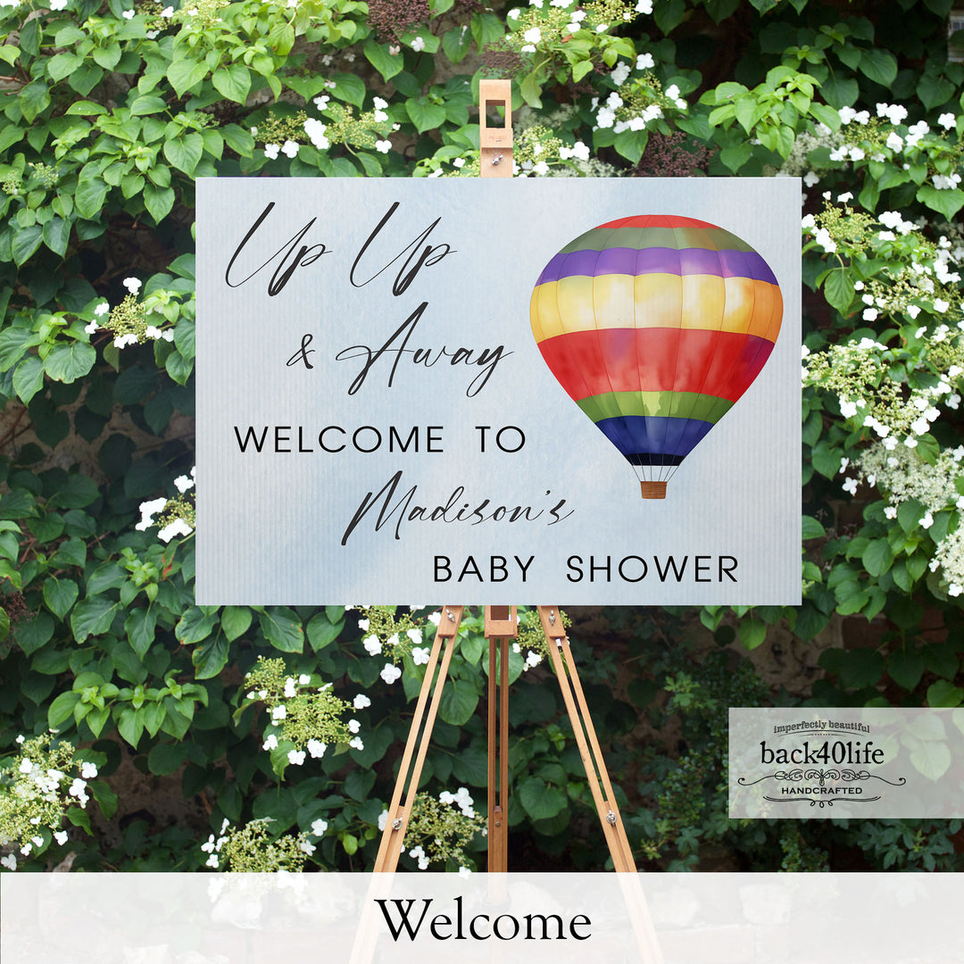 Baby Shower Sign - Up Up & Away Hot Air Balloon - Welcome Directional Parking Event (K-091d)