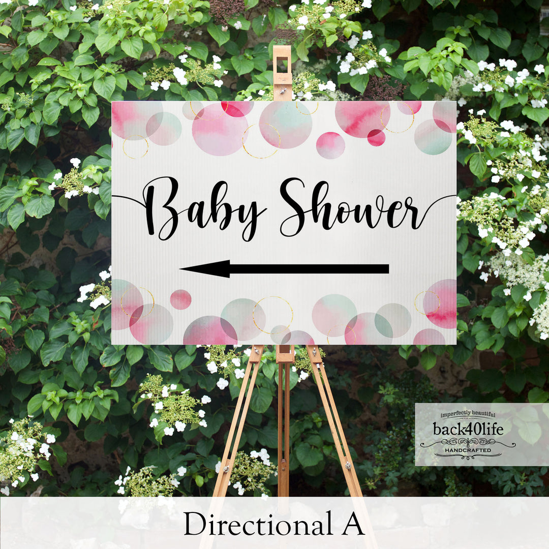 Baby Shower Sign - Pink Watercolor Dots - Welcome Directional Parking Event (K-091i)