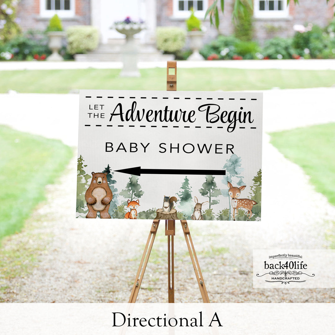 Baby Shower Sign - Let the Adventure Begin Forest Woodland Critters - Welcome Directional Parking Event (K-091t)