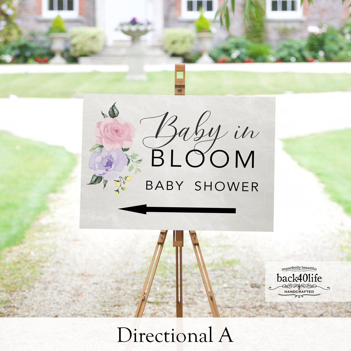 Baby Shower Sign - Baby in Bloom Pastel Flowers - Welcome Directional Parking Event (K-091q)