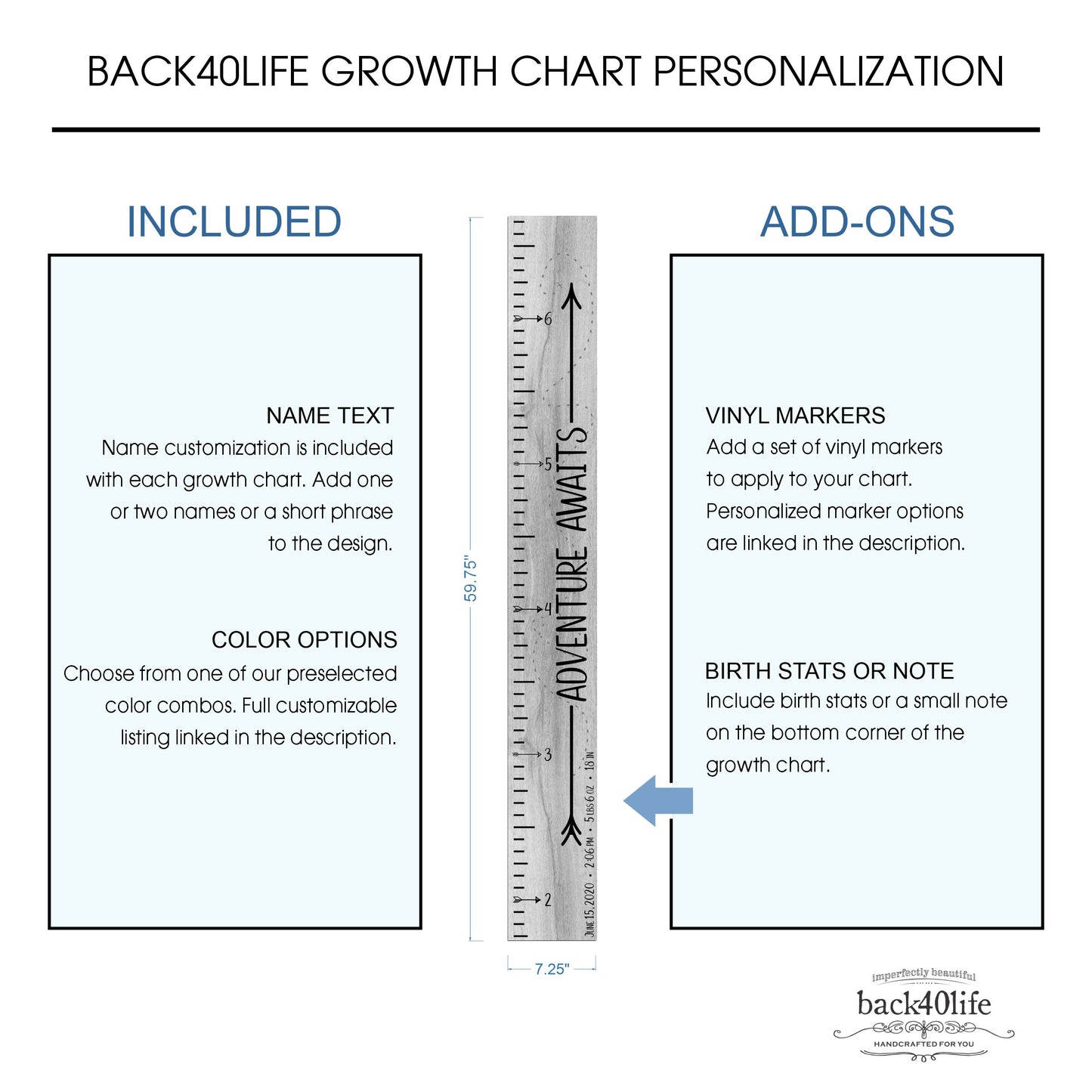 Personalized Wooden Kids Growth Chart - Height Ruler for Boys Girls Size Measuring Stick Family Name - Custom Ruler Gift Children GC-AA Adventure Awaits