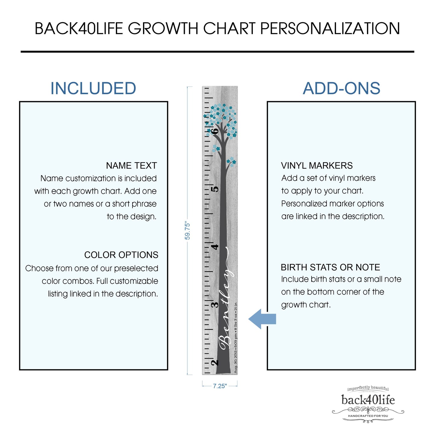 Personalized Wooden Kids Growth Chart - Height Ruler for Boys Girls Size Measuring Stick Family Name - Custom Ruler Gift Children GC-BNT Bentley