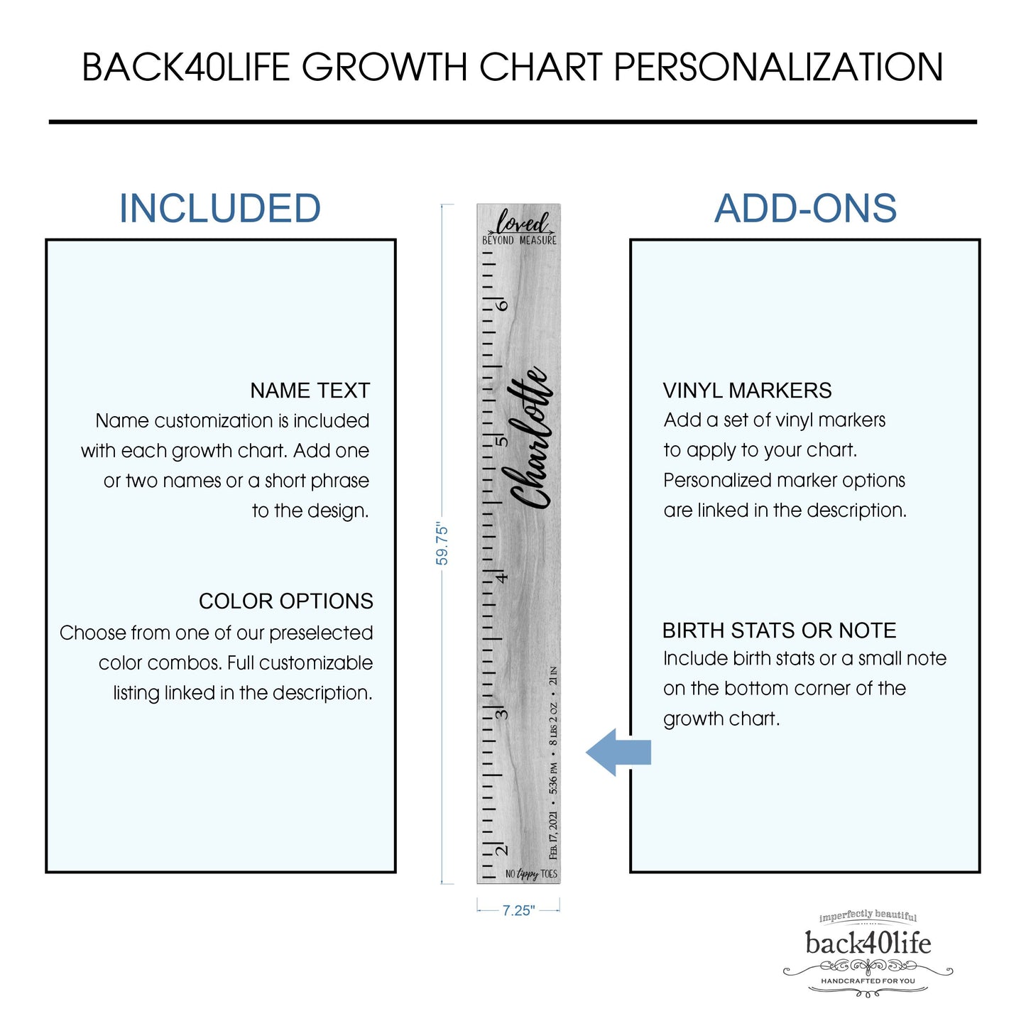 Personalized Wooden Kids Growth Chart - Height Ruler for Boys Girls Size Measuring Stick Family Name - Custom Ruler Gift Children GC-NTT No Tippy Toes