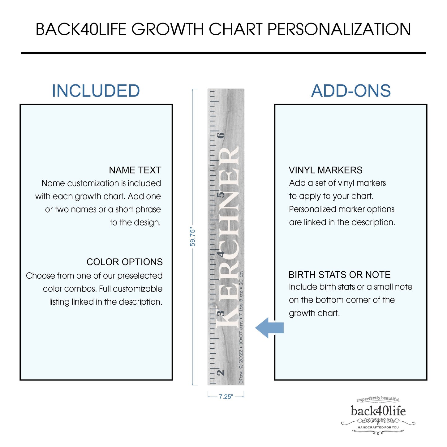Personalized Wooden Kids Growth Chart - Height Ruler for Boys Girls Size Measuring Stick Family Name - Custom Ruler Gift Children GC-KER Kerchner