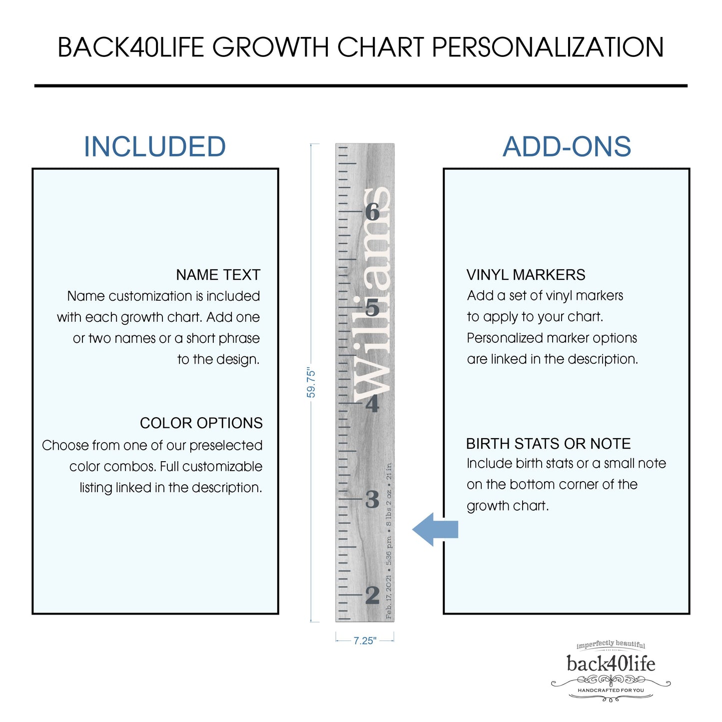 Personalized Wooden Kids Growth Chart - Height Ruler for Boys Girls Size Measuring Stick Family Name - Custom Ruler Gift Children GC-WIL Williams