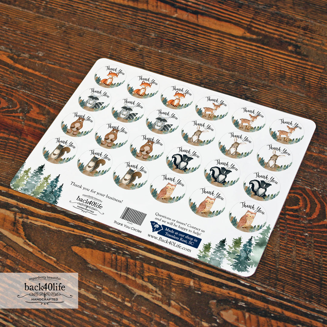 Forest Critter Circle Thank You Stickers - Set of 96 Circle Sticker Cutout Shapes - (PC-001C-3)