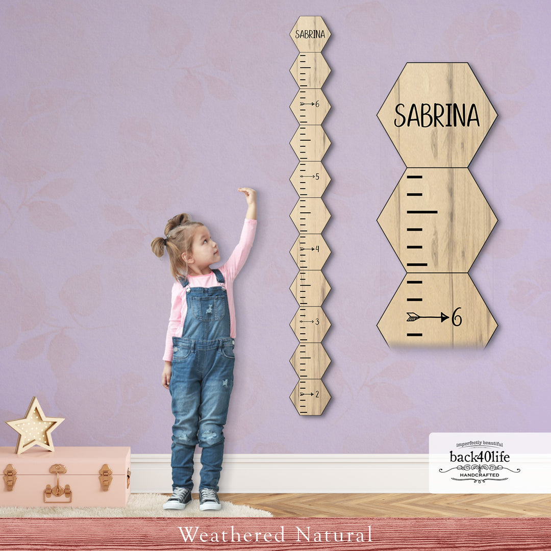 Personalized Wooden Kids Growth Chart - Height Ruler for Boys Girls Size Measuring Stick Family Name - Custom Ruler Gift Children GC-HEX-AA Hexagon