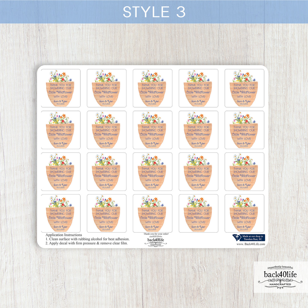 Baby Shower Favor DTF Sticker Labels Customizable - Wildflowers - Back40Life (K-082a)