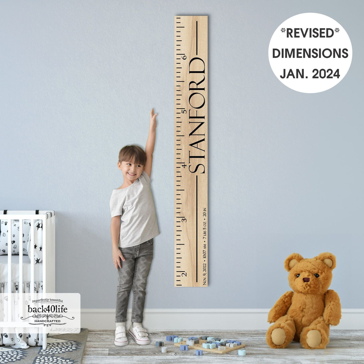 Personalized Wooden Kids Growth Chart - Height Ruler for Boys Girls Size Measuring Stick Family Name - Custom Ruler Gift Children GC-STN Stanford