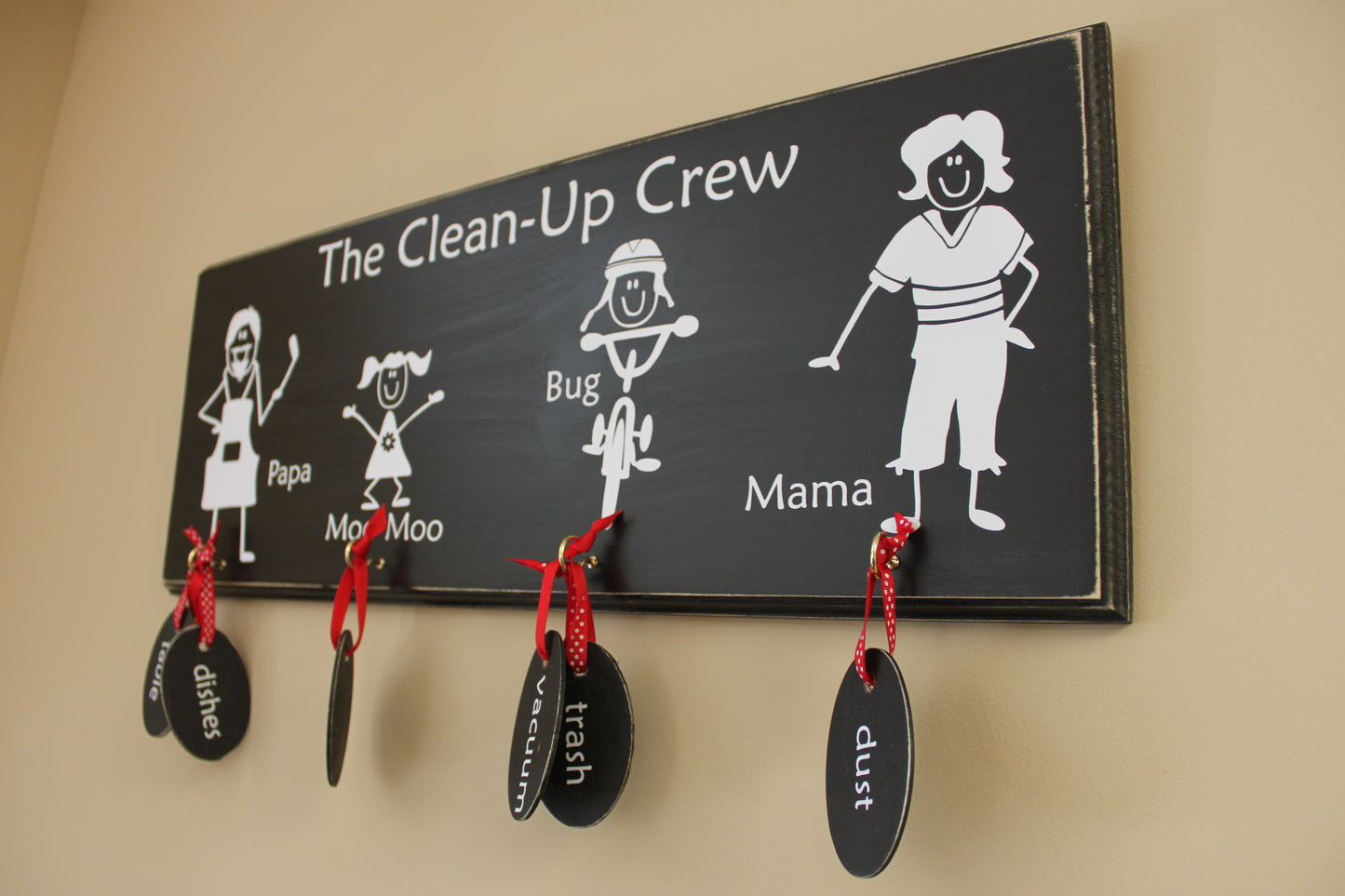 Family Chore Chart with Personalized Stick Figures - Painted Wood Sign (S-014a)