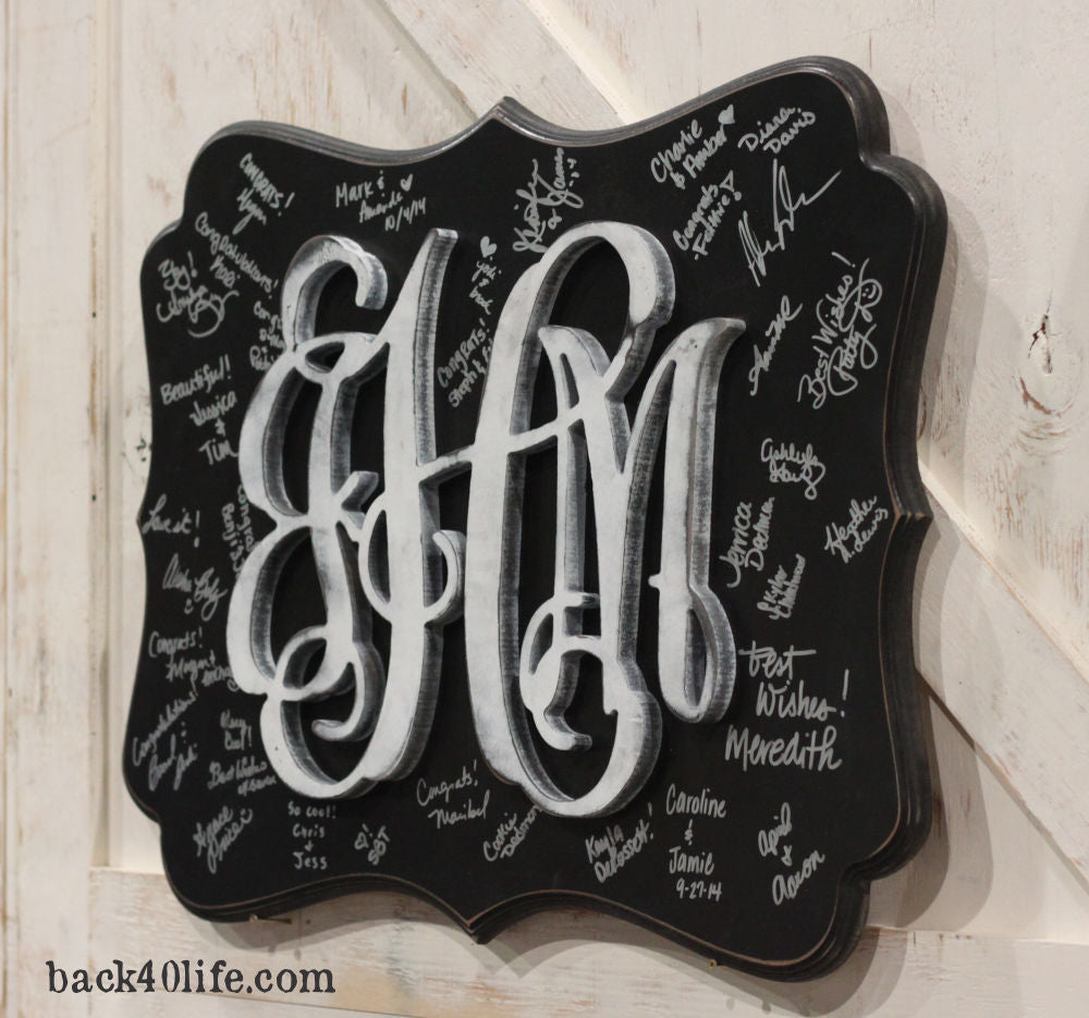 Stacked Vines Monogram Wooden Wedding Guestbook (W-046a)