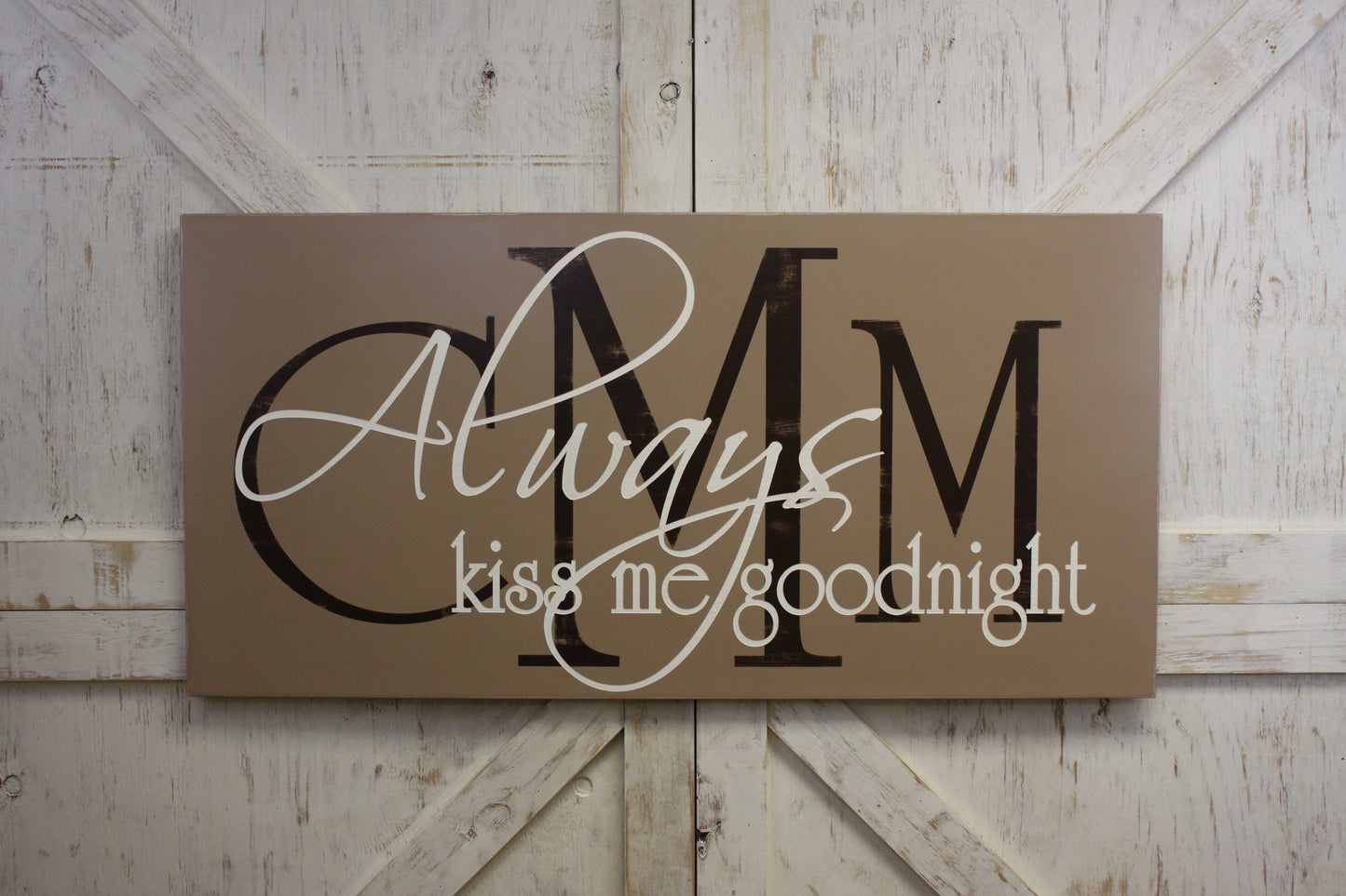 Always Kiss Me Goodnight with Monogram Initials Painted Wood Sign (S-004c)