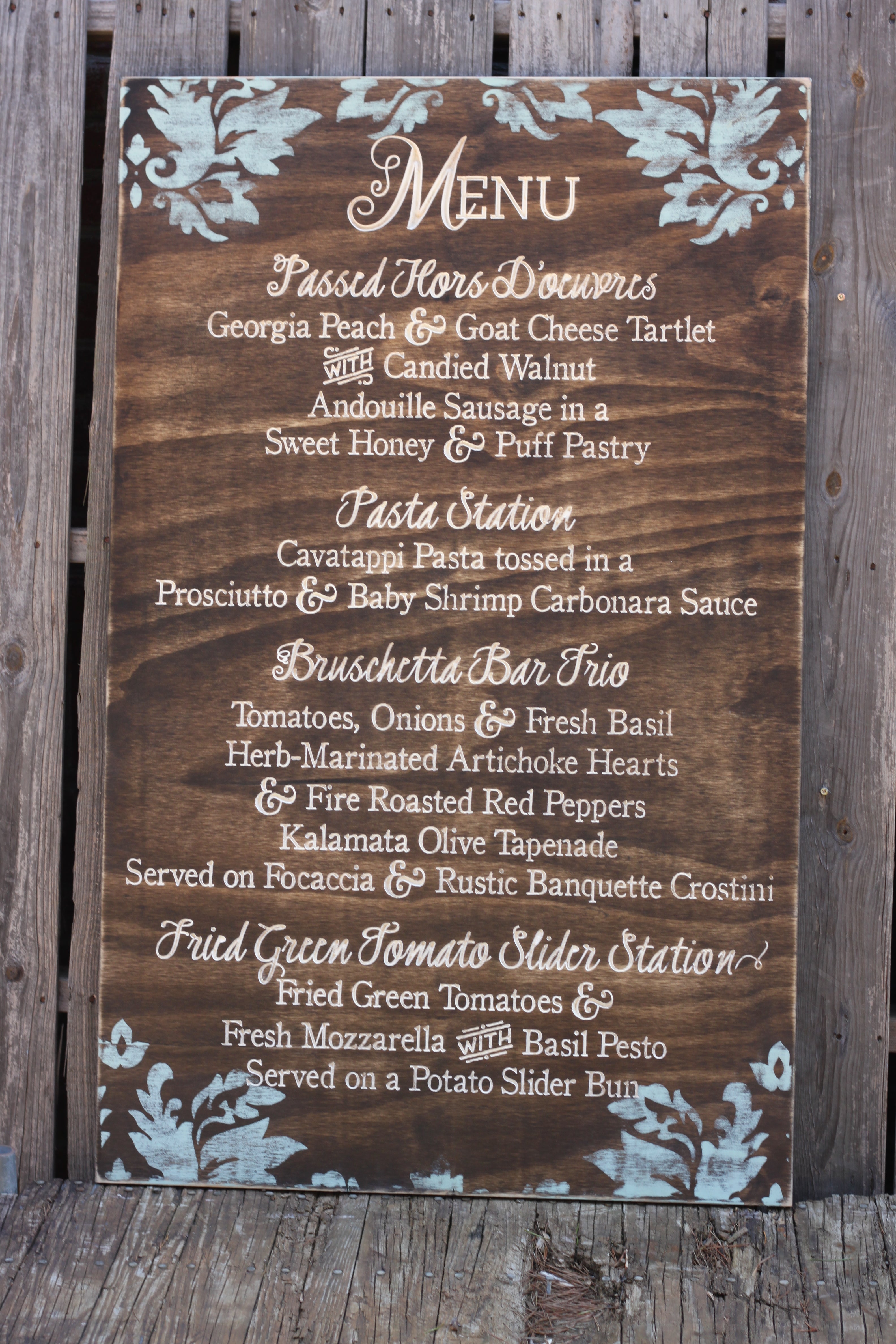 Wedding Menu with Painted Flourish Painted Wooden Sign (W-043a