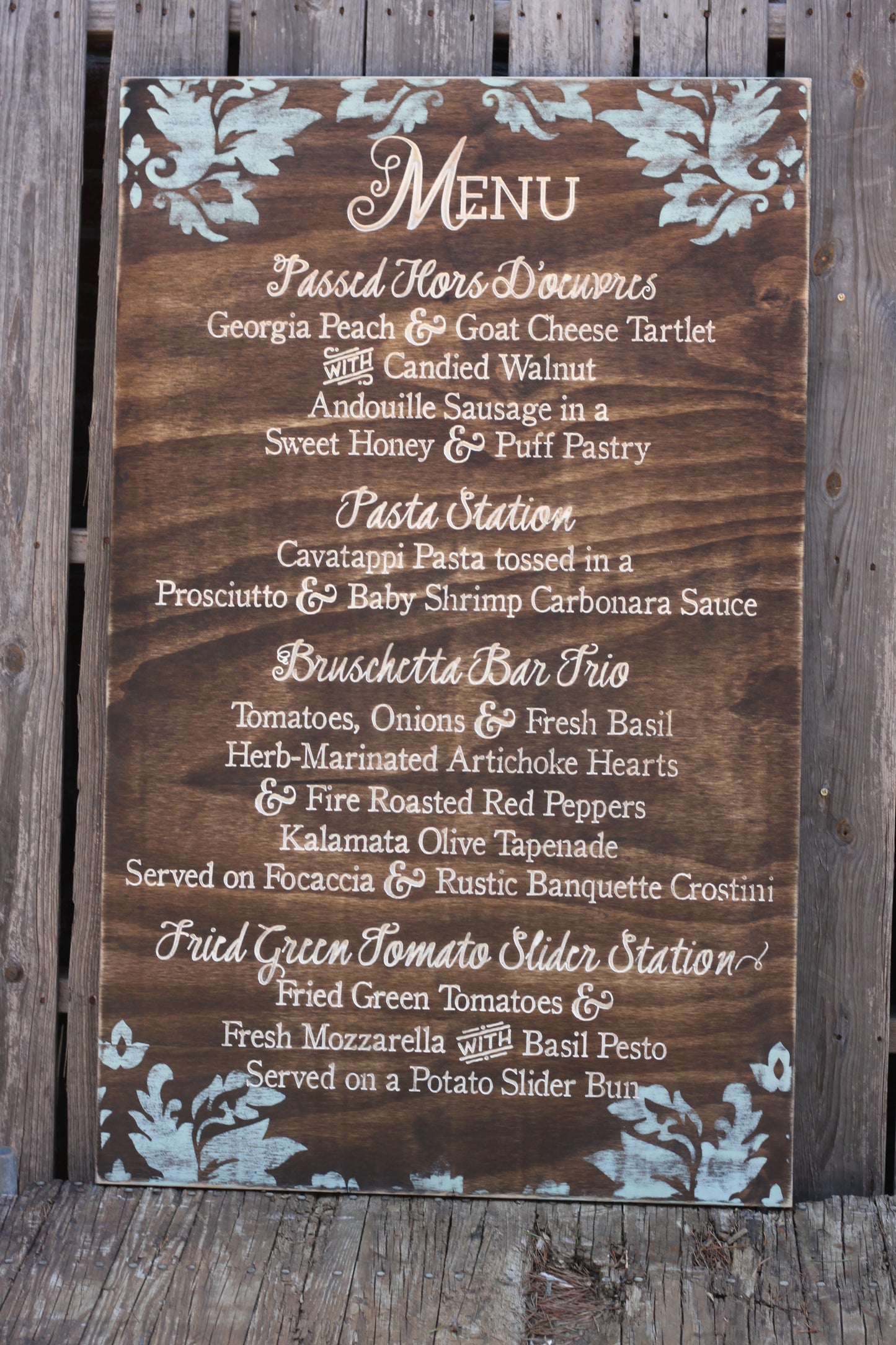 Wedding Menu with Painted Flourish Painted Wooden Sign (W-043a)