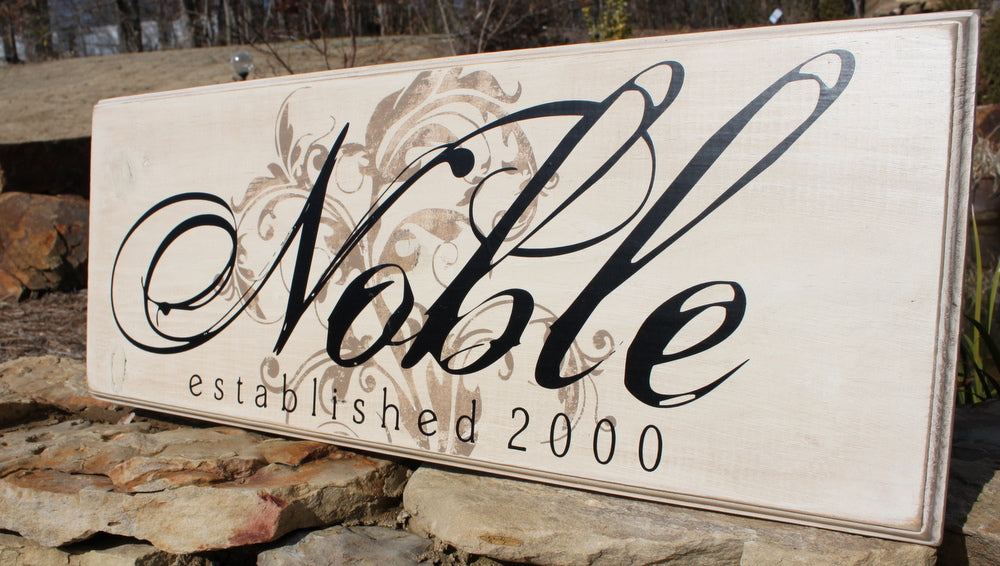 Family Name with Flourish and Date Wood Sign - The Noble (S-007)