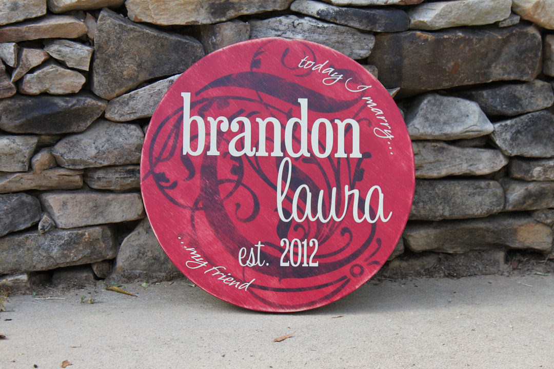 Round Wedding or Family Painted Wood Sign - The Scott & Rachel (S-010)
