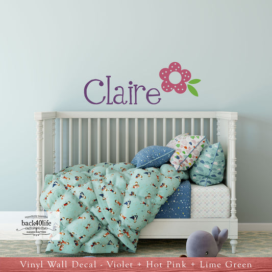 Girly Flower Name Vinyl Wall Decal (K-006)
