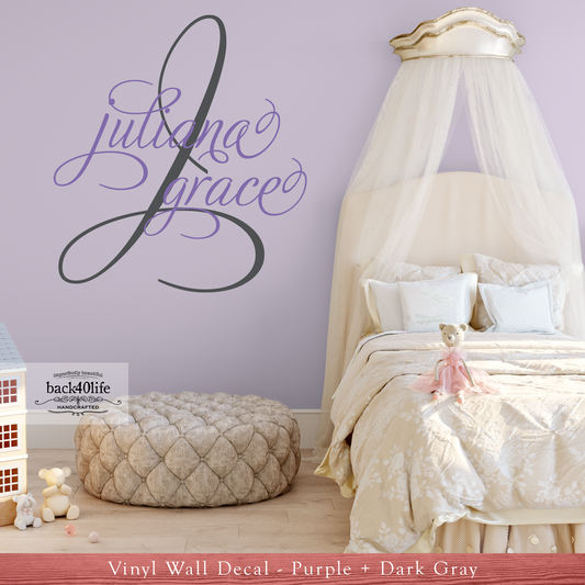 Elegant Swirled Monogram with Name Vinyl Wall Decal (K-011b)
