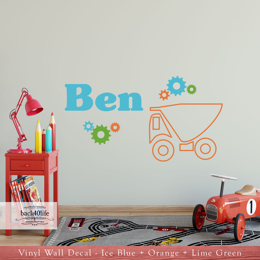 Kid's Name Dump Truck and Gear Vinyl Wall Decal (K-029)