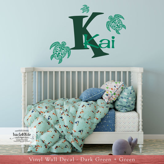 Sea Turtle Monogram with Name Vinyl Wall Decal (K-071)