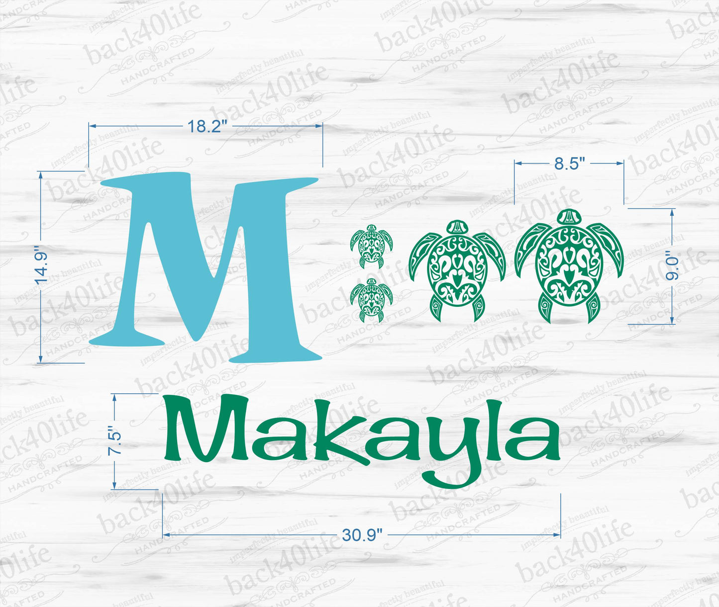 Sea Turtle Monogram with Name Vinyl Wall Decal (K-071)