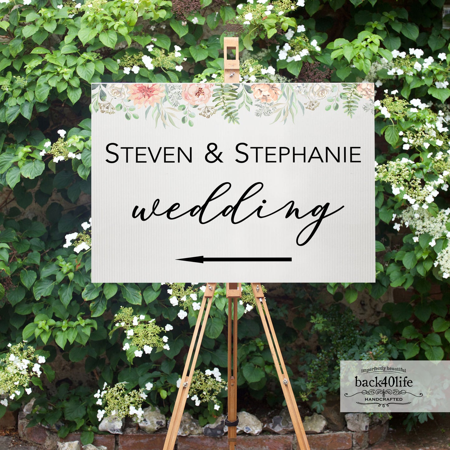 Wedding Directional Sign with Couples Names Parking Ceremony Reception (W-020d)