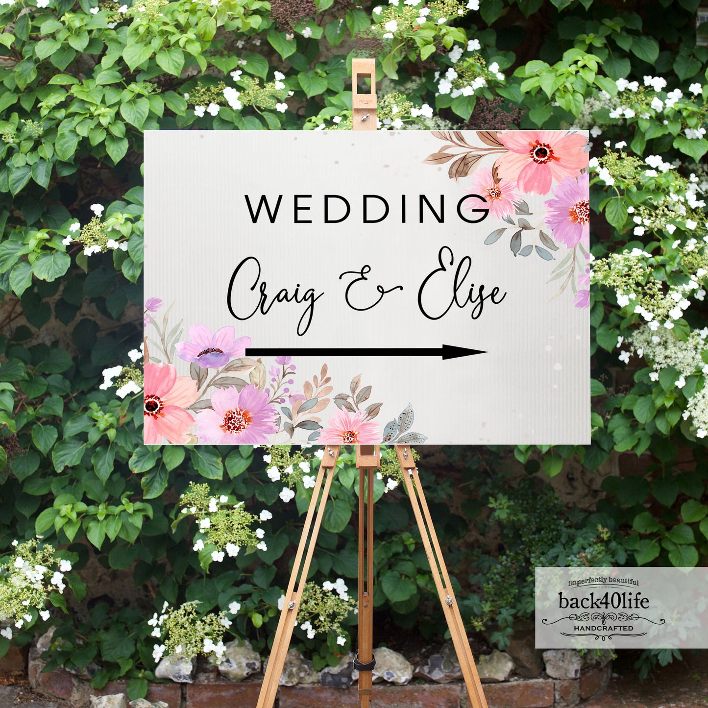 Wedding Directional Sign with Couples Names Parking Ceremony Reception (W-020h)