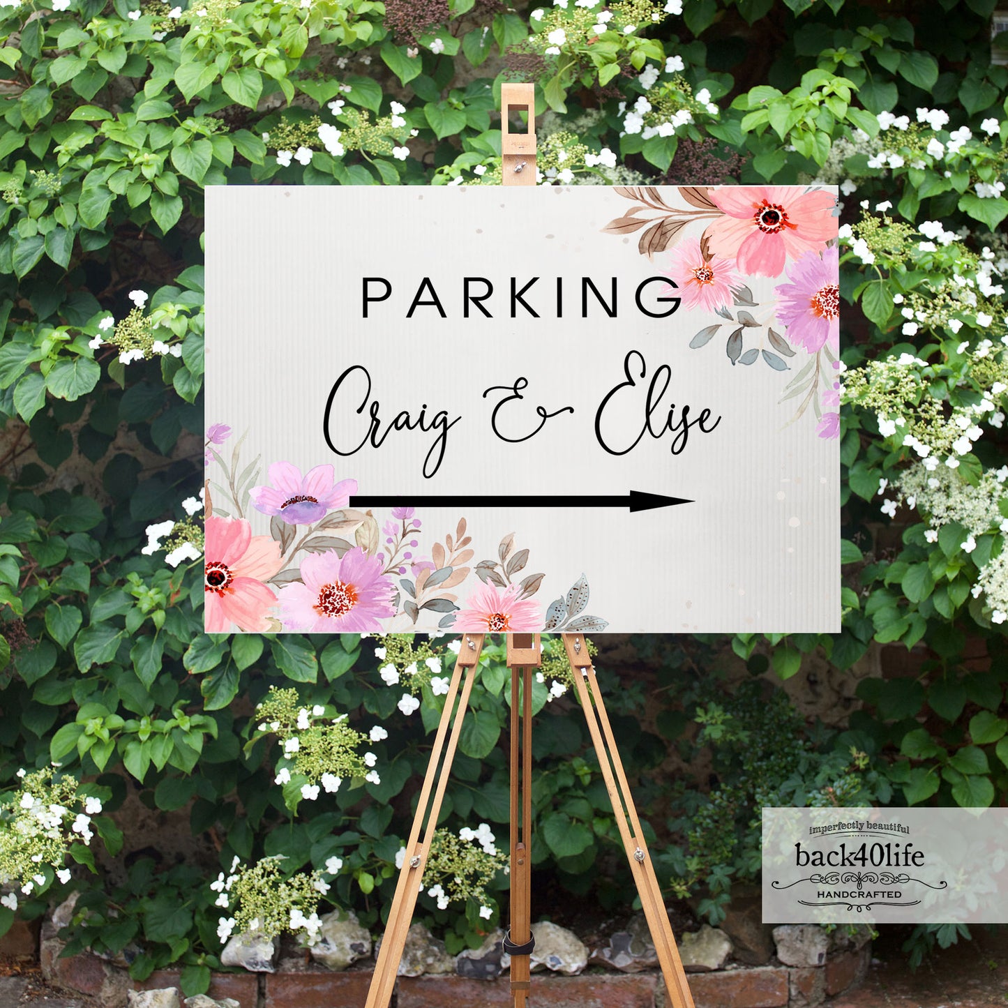 Wedding Directional Sign with Couples Names Parking Ceremony Reception (W-020h)