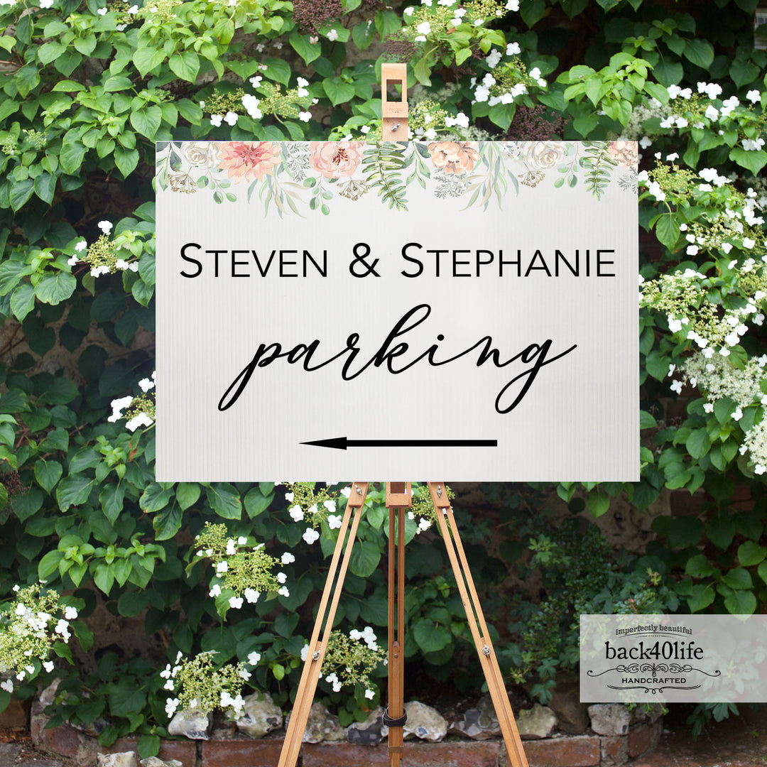 Wedding Directional Sign with Couples Names Parking Ceremony Reception (W-112-B)