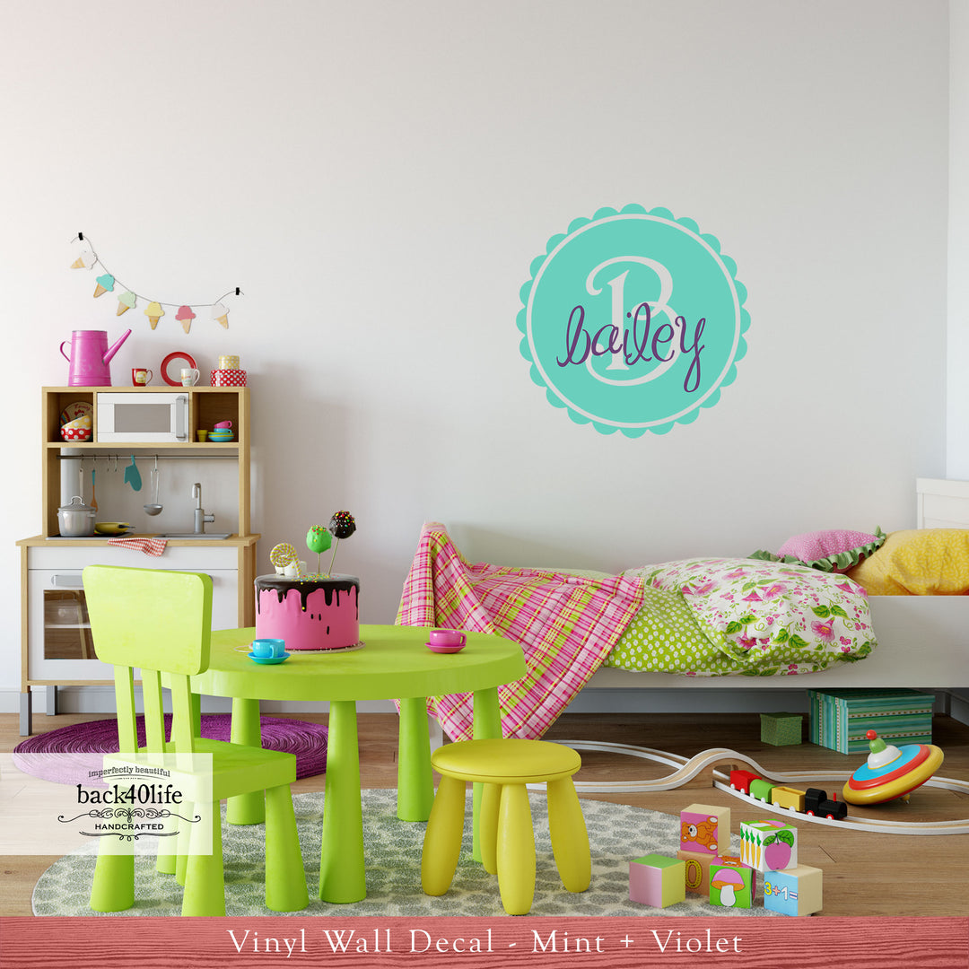 Scalloped Circle Monogram with Name Vinyl Wall Decal (M-005a)