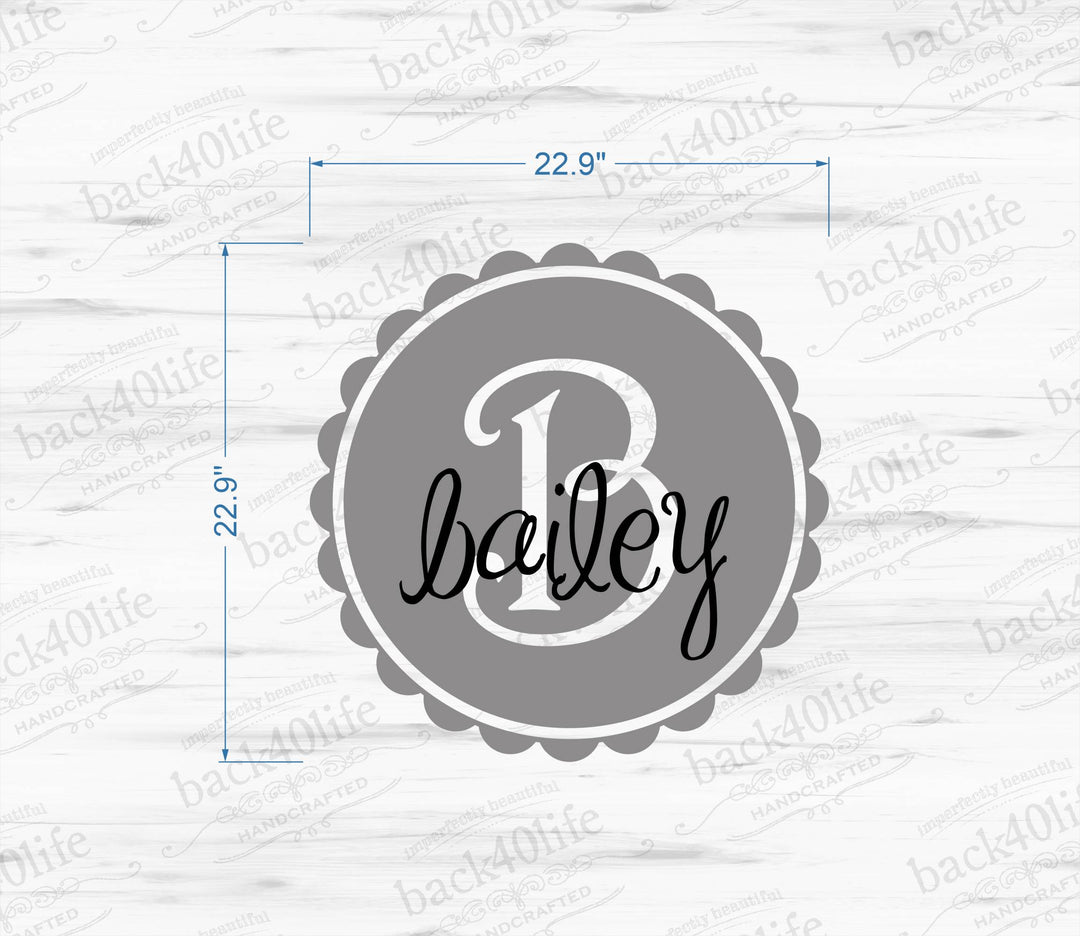 Scalloped Circle Monogram with Name Vinyl Wall Decal (M-005a)