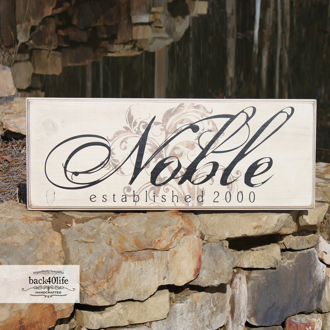 Family Name with Flourish and Date Wood Sign - The Noble (S-007)