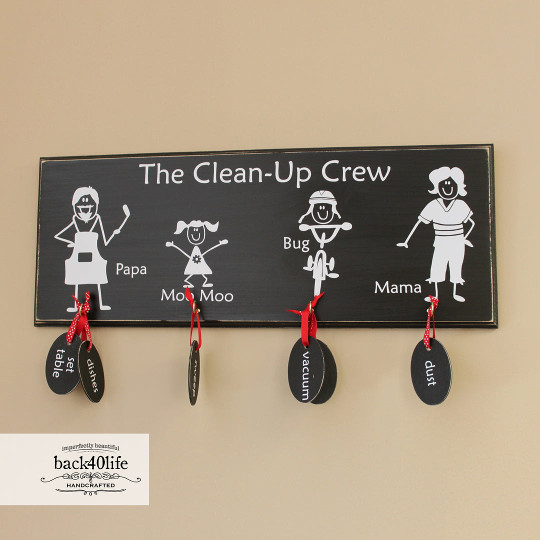 Family Chore Chart with Personalized Stick Figures - Painted Wood Sign (S-014a)