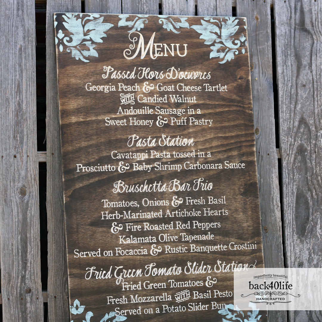 Wedding Menu with Painted Flourish Painted Wooden Sign (W-043a)