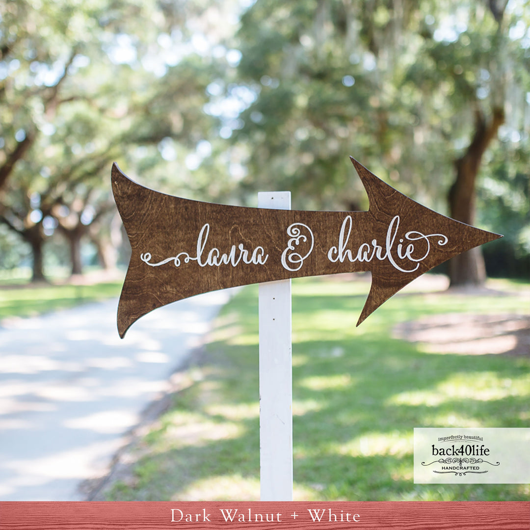 Personalized Calligraphy Wedding Directional Arrow Wood Sign (W-065)
