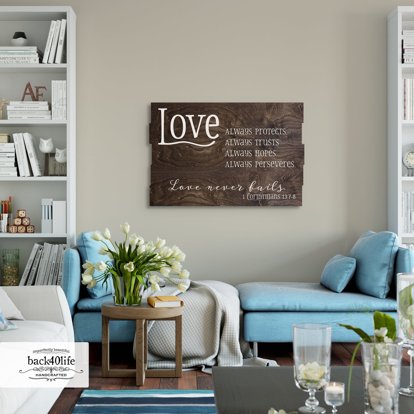 Love Never Fails - Pallet Style Wood Sign - 1st Corinthians 13:7-8 (W-103)