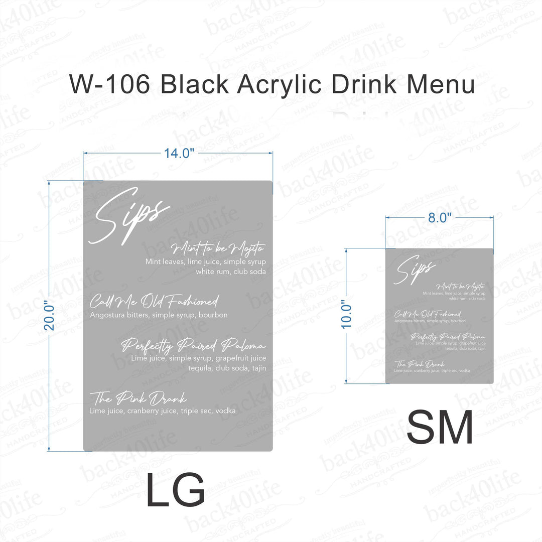 Black Acrylic Drink Menu Sign (W-106) - Back40Life