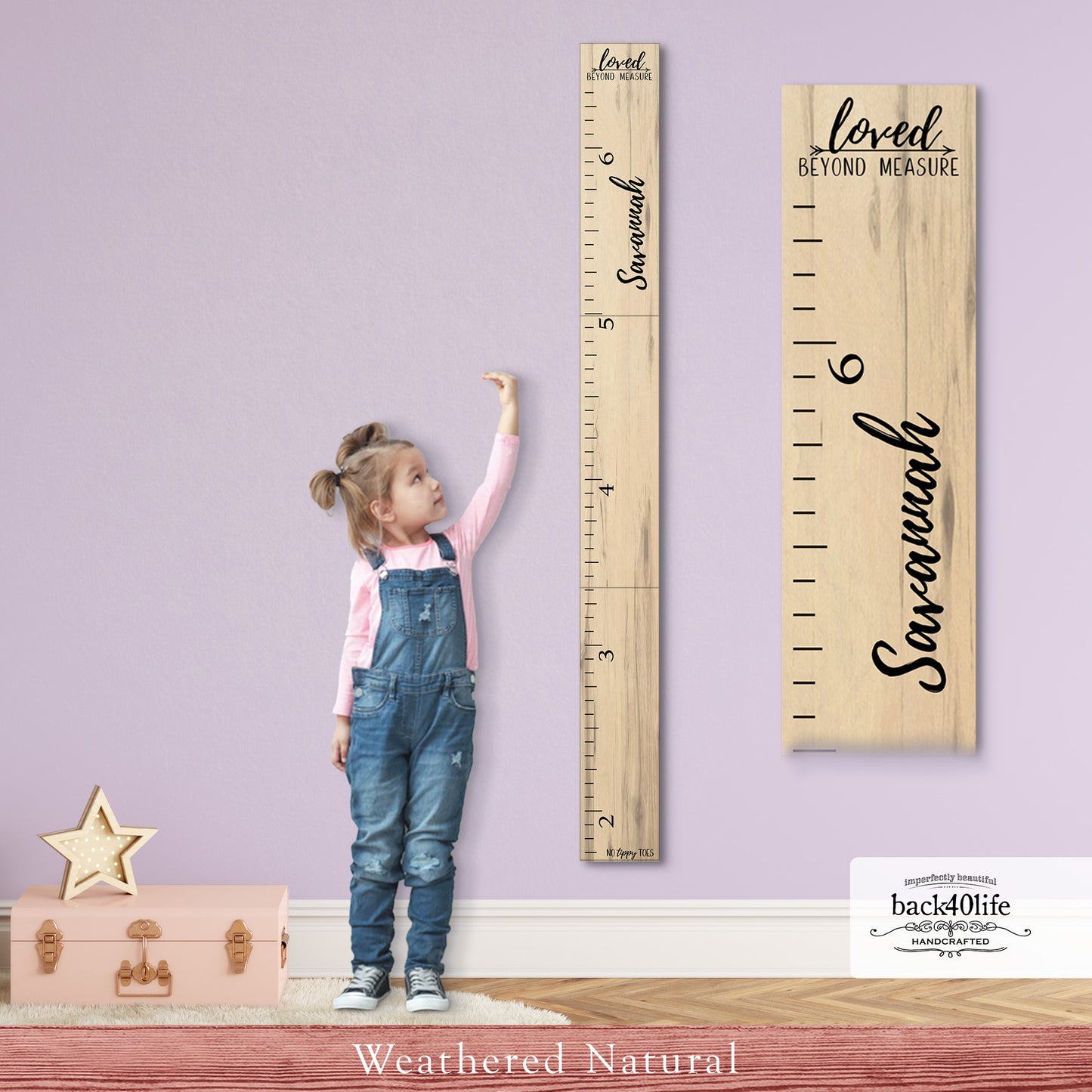 Personalized Wooden Kids Growth Chart - Height Ruler for Boys Girls Size Measuring Stick Family Name - Custom Ruler Gift Children GC-NTT-3P No Tippy Toes