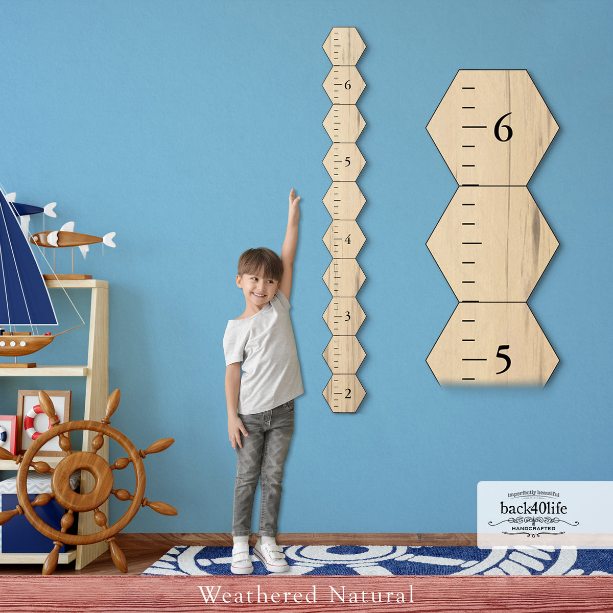 Personalized Wooden Kids Growth Chart - Height Ruler for Boys Girls Size Measuring Stick Family Name - Custom Ruler Gift Children GC-HEX-BMK Hexagon Benchmark