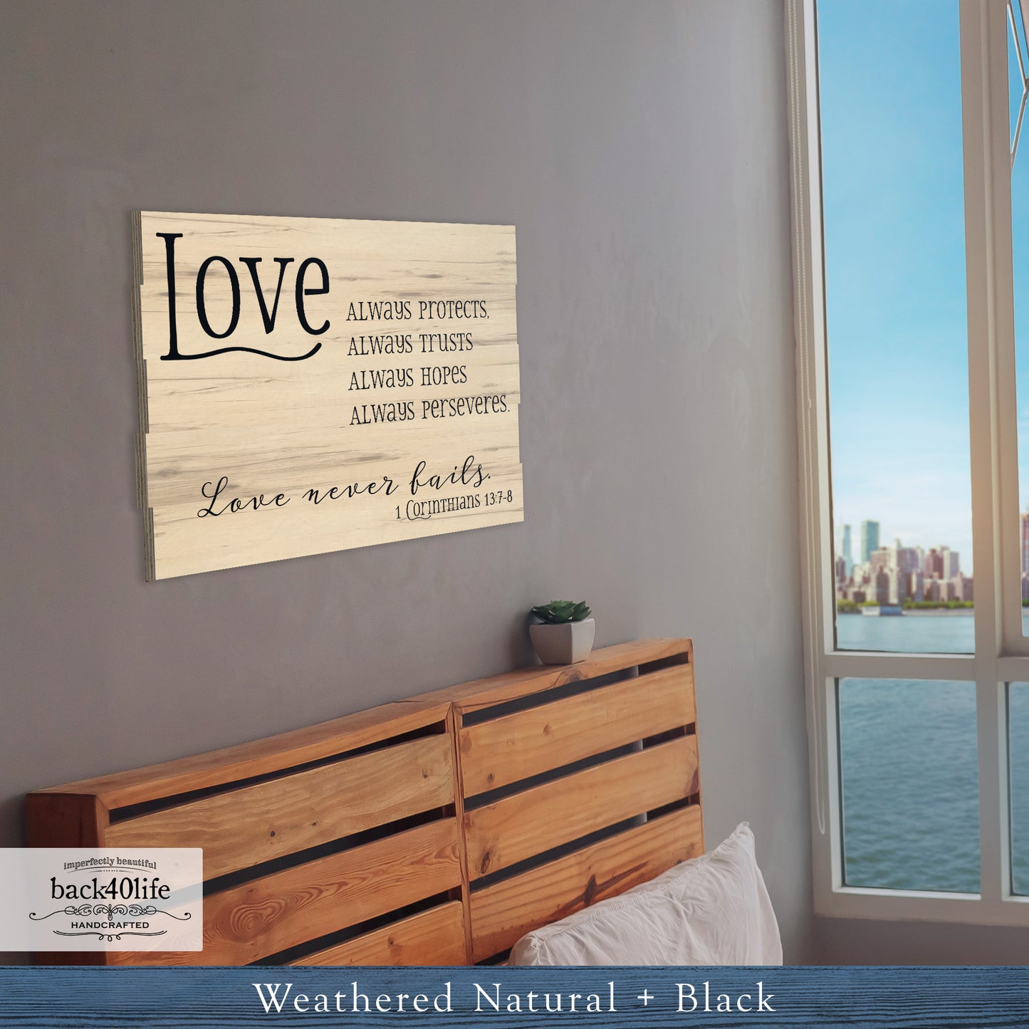 Love Never Fails - Pallet Style Wood Sign - 1st Corinthians 13:7-8 (W-103)