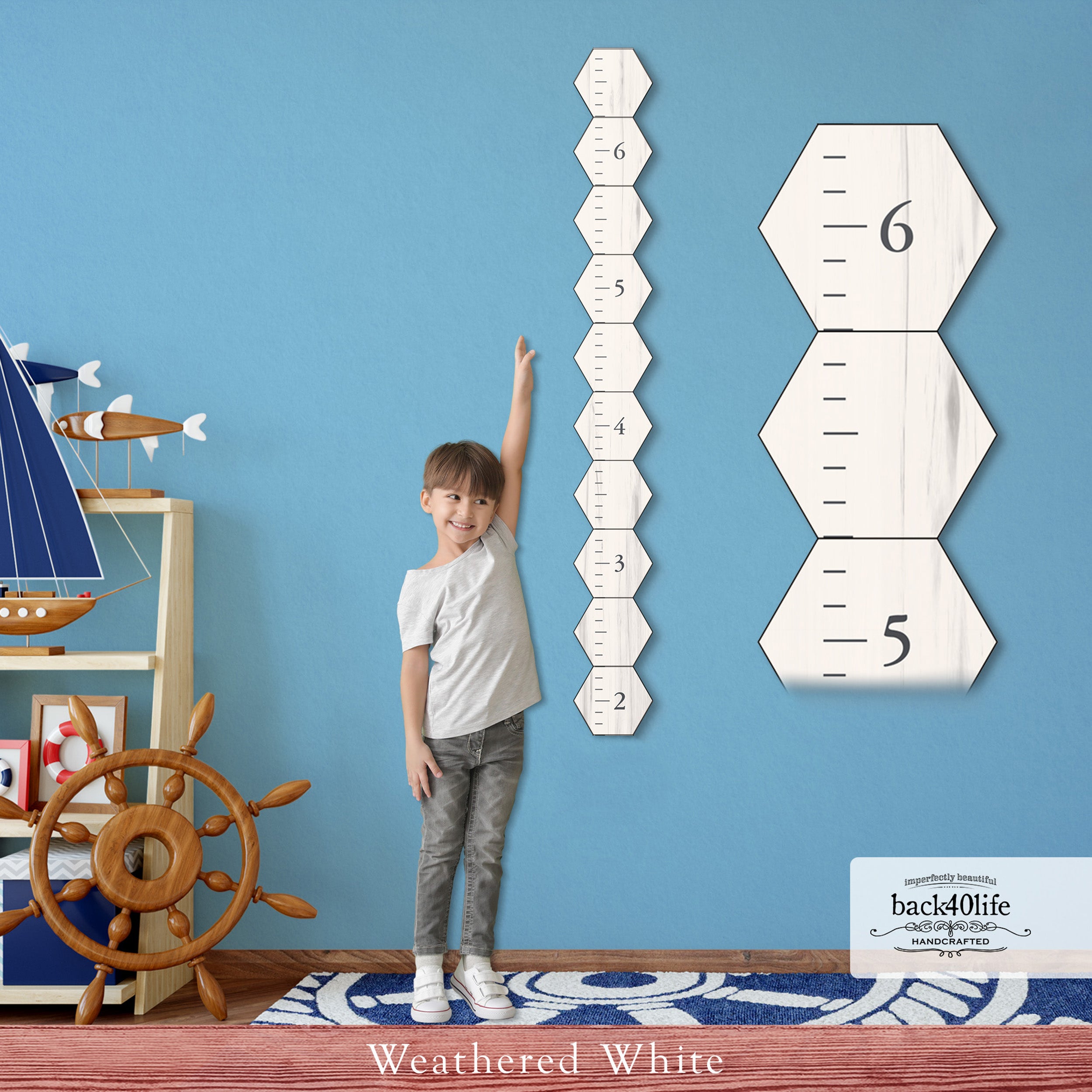 Personalized Wooden Kids Growth Chart - Height Ruler for Boys Girls Size Measuring Stick Family Name - Custom Ruler Gift Children GC-HEX-BMK Hexagon Benchmark