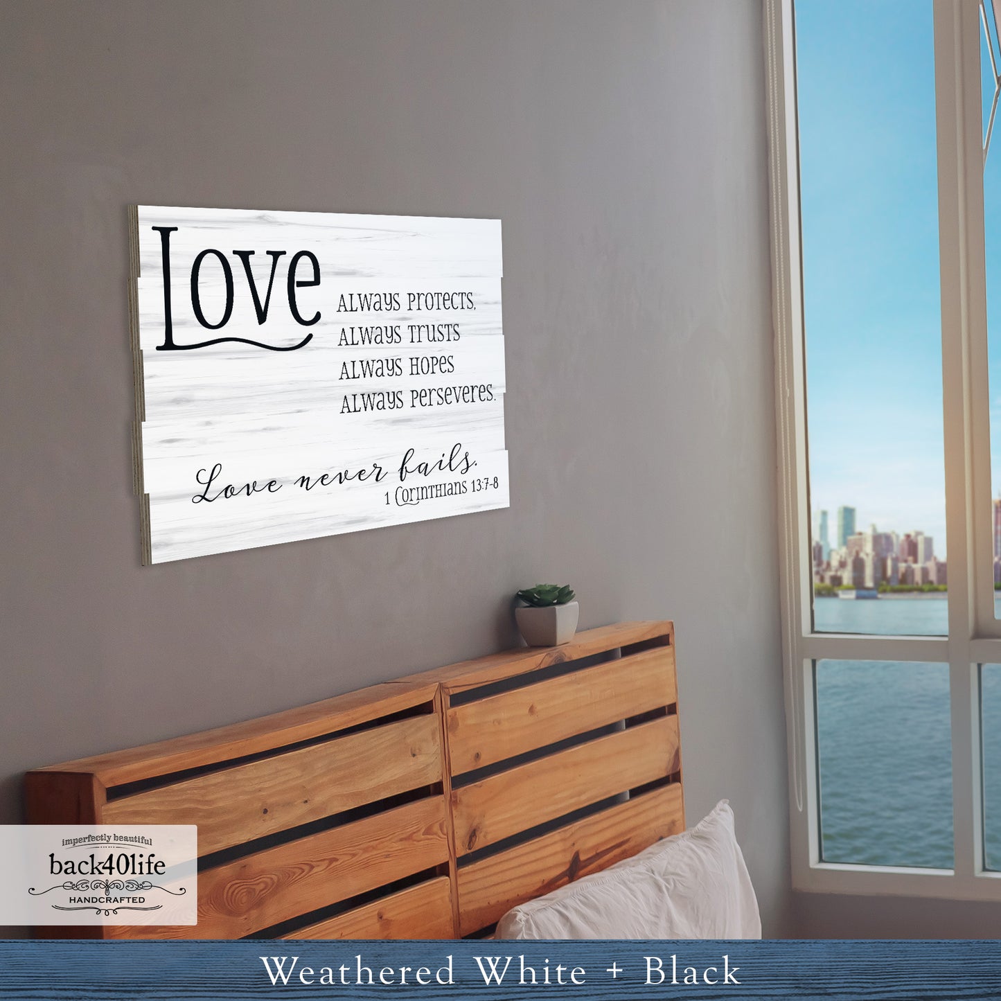 Love Never Fails - Pallet Style Wood Sign - 1st Corinthians 13:7-8 (W-103)